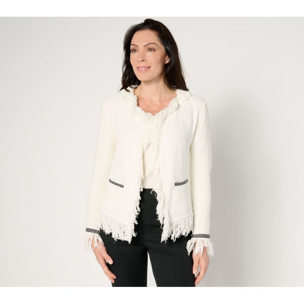 NIC+ZOE Women's Plus Sz Jacket 3X Nic+Zoe Statement Fringe Mix Knit White